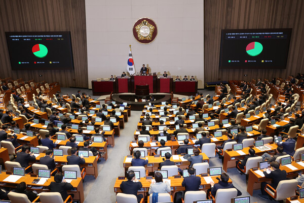 12일 오후 국회 본회의에서 '윤석열 대통령 배우자 김건희의 주가조작 사건 등의 진상규명을 위한 특별검사 임명 등에 관한 법률안'이 통과되고 있다. 2024.12.12. 연합뉴스