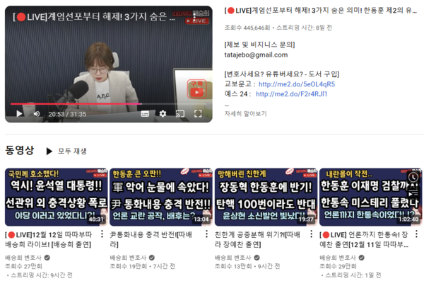 배승희 변호사 유튜브 화면 갈무리. 