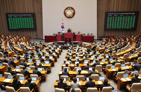 12일 오후 국회 본회의에서 '윤석열 대통령 배우자 김건희의 주가조작 사건 등의 진상규명을 위한 특별검사 임명 등에 관한 법률안'이 통과되고 있다. 2024.12.12. 연힙뉴스