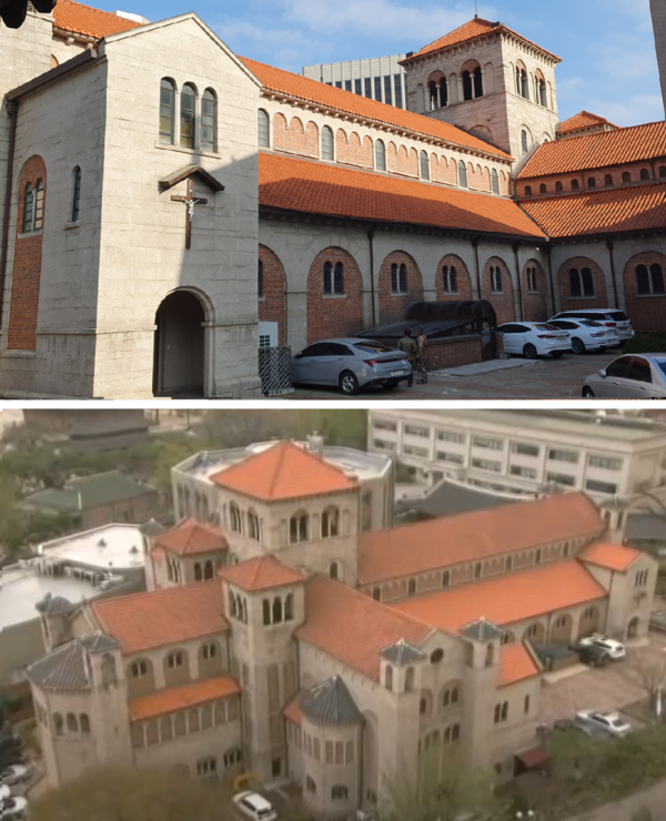 성공회 서울대성당. 서쪽 사제관 앞에서 바라본 모습이다.(위) 위에서 내려다본 성공회 서울대성당. 장십자가 모양이 뚜렷하다. 왼쪽 뒤는 세실극장이 있는 성공회빌딩, 오른쪽 뒤 건물은 영국대사관, 그 사이의 한옥 지붕은 사제관이다.(아래) 이희용 사진.