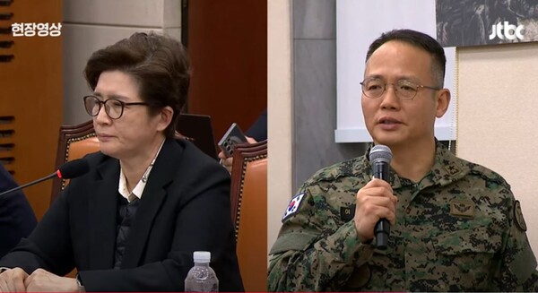 이상현 특전사 1공수여단장이 10일 국회 국방위에 출석해 국민의힘 강선영 의원(왼쪽)의 질의에 지금 심정을 밝히면서 울먹이고 있다. 2024.12.10. [JTBC화면 캡처] 시민언론 민들레 