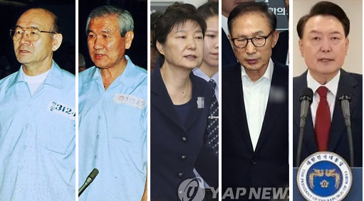 왼쪽부터 전두환, 노태우, 박근혜, 이명박, 윤석열. 연합뉴스 사진 재편집. 
