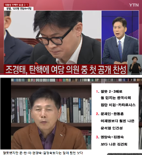 윤석열 비상계엄 선포 다음날인 12월 4일 낮 YTN에 출연한 김진 전 중앙일보 기자(위, YTN화면 갈무리), 유튜브 '김진TV'에 나와 극우 성향 발언을 하고 있는 모습.(아래, 유튜브 화면 갈무리)