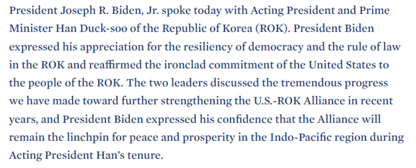 조 바이든 미국 대통령과 한덕수 대통령 권한대행 국무총리의 전화 통화에 대한 백악관 발표문. 2024. 12. 14. [백악관 홈페이지 캡처] 시민언론 민들레