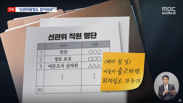 11월 17일 정보사 정 대령은 선임자 김 대령을 통해 노상원으로부터 체포 대상 선관위 직원 명단을 받고, 이들이 출근하면 회의실에 가두라는 지시를 받았다. (MBC 뉴스 화면 캡처)