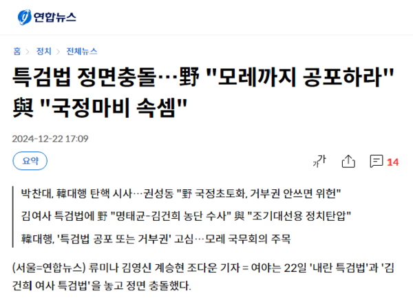 특검법을 둘러싸고 여야가 '정면충돌했다'면서 양쪽의 입장을 나란히 보도한 연합뉴스 12월22일자 기사. 