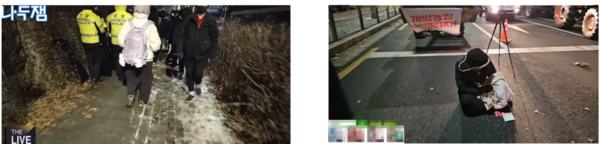 왼쪽은 인도를 점령해 시민들이 빙판길을 걷고 있는 모습(출처: 유튜브 나두잼). 오른쪽은 저체온증으로 홀로 방치된 시민(출처 : 유튜브 제이컴퍼니_정치시사).