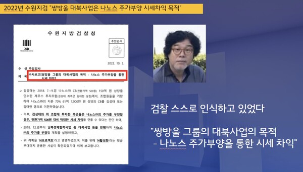 수원지검의 수사보고 내용. "나노스(쌍방울 계열사) 주가부양 시세차익 목적"임이 명시됐다. 2024.12.24. 뉴탐사