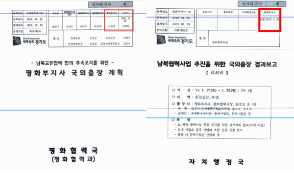 2019년 1월 당시 이화영 경기도 평화부지사의 중국 출장과 관련해 이재명 지사가 결재한 출장 전 문건(왼쪽)과 이화영 부지사까지만 결재한 출장 후 문건(오른쪽). 쌍방울 관련 흔적이 담긴 출장 후 문건(오른쪽)은 이재명 지사의 결재를 거치지 않았다.