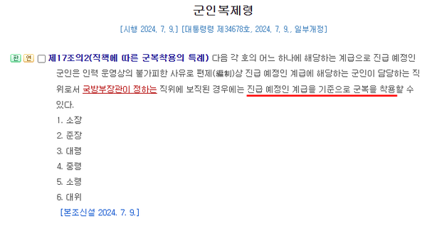 지난 7월 개정된 군인복제령 제17조의2. 준장 진급예정자가 준장 계급장을 달 수 있도록 했다. 이 개정 이전에는 이 조항 없이 이 법령에 첨부된 ‘별도4’ 표에서 영관급 이하 계급들에 대해서만 같은 내용을 규정함으로써 소장과 준장 진급예정자는 해당 계급장을 달 수 없도록 되어 있었다. (국가법령센터 홈페이지 캡처)