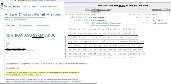미국이 시리아 아사드 정권 흔들기에 간여했음을 보여주는 미 국무부 내부 문서. 이 문서는 위키리크스에 의해 공개됐다.