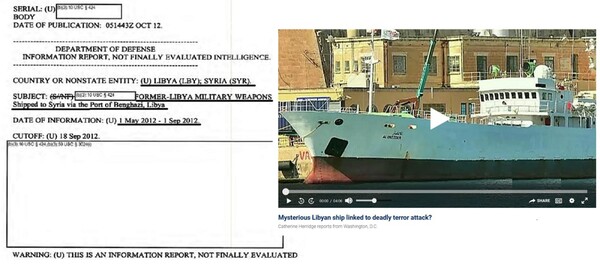사진 왼쪽은 상당 부분 내용이 지워진 채 공개된 리비아 무기수송 작전 관련 국방부 기밀문서 사본. 오른쪽은 무기수송 선박으로 추정되는 리비아 국적의 알안티사르 호(2012년 10월 25일, 폭스뉴스 화면 캡처).