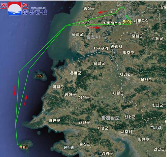 27일 북한 국방성은 평양에서 추락한 무인기 비행조종프로그램을 분석한 결과 한국 무인기의 침범이 맞다면서 공개한 비행궤적. 백령도 서부(두무진)에서 이·착륙한 것으로 결론을 내렸다. 2024.10.28. [조선중앙통신] 연합뉴스