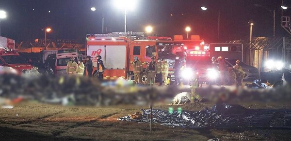 29일 오후 전남 무안군 무안국제공항에서 발생한 제주항공 여객기 충돌 폭발 사고 현장에서 파손된 기체 후미 수색 등 작업이 이어지고 있다. 2024.12.29, 연합뉴스