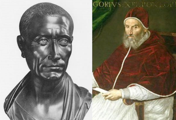 율리우스력을 제정한 카이사르의 흉상(왼쪽)과 그레고리력을 공포한 교황 그레고리우스 3세 초상화.