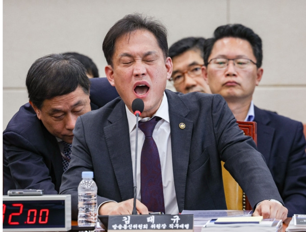 김태규 방송통신위원회 위원장 직무대행이 지난해 10월 24일 국회 과학기술정보방송통신위원회에서 열린 방송통신위원회 및 소관 감사대상기관 전체에 대한 종합 국정감사에서 본인의 욕설 및 막말 논란에 대해 더불어민주당 김우영 의원과의 논쟁 도중 고함을 치고 있다. 세계일보 사진.