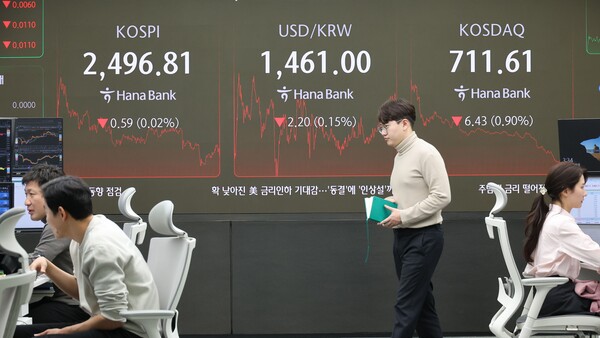 코스피가 2500선 아래에서 약보합 마감한 15일 오후 서울 중구 하나은행 본점 딜링룸에서 직원이 업무를 보고 있다. 이날 코스피 종가는 전 거래일 대비 0.59포인트 내린 2496.81로 집계됐다. 2025.1.15. 연합뉴스