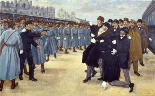 안중근이 하얼빈역에서 이토 히로부미를 저격하는 모습을 담은 상상도. 박영선 화백 작품이다. (안중근의사기념관 제공)