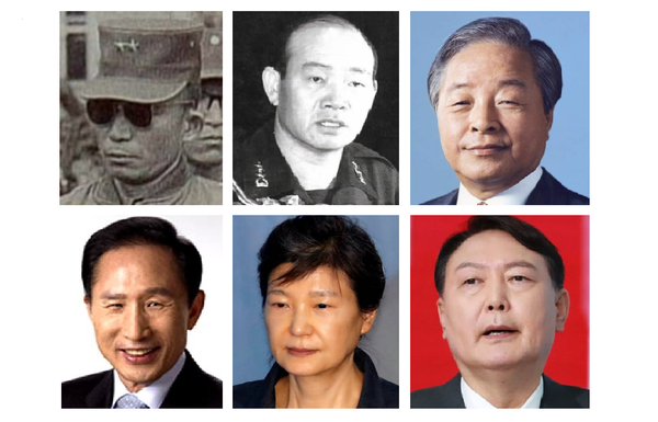 국민의 힘의 뿌리이자 전신인 공화당-민정당-민자당-한나라당-새누리당과 국민의힘 소속 대통령들의 모습.  윗줄 왼쪽부터 박정희-전두환-김영삼 대통령, 아랫줄 왼쪽부터 이명박-박근혜-윤석열 대통령. 