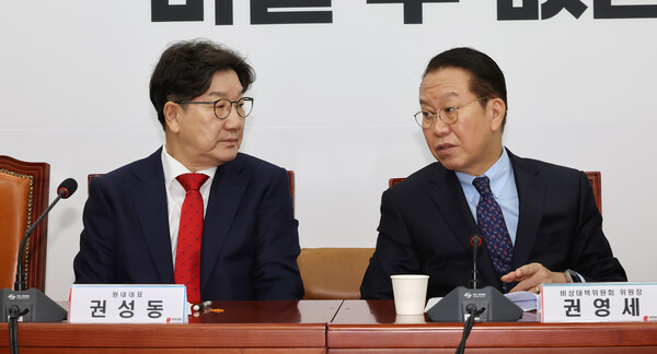 국민의힘 권영세 비상대책위원장(오른쪽)과 권성동 원내대표가 3일 국회에서 열린 비상대책위원 회의에서 대화하고 있다. 2025.2.3. 연합뉴스