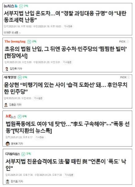 2025년 1월 19~20일 네이버 뉴스에 올라온 서부지원 폭동 사건 기사 제목. 언론이 가해자를 변명해주거나 폭동과 직접적인 인과관계가 없는 야당과 야당대표를 물귀신 작전하듯 슬그머니 비난하는 기사 제목이다. 중앙일보와 세계일보 기사는 심지어 언론사가 주요기사로 선정해 우측 상단에 ‘PiCK’ 표시가 되어 있다. 
