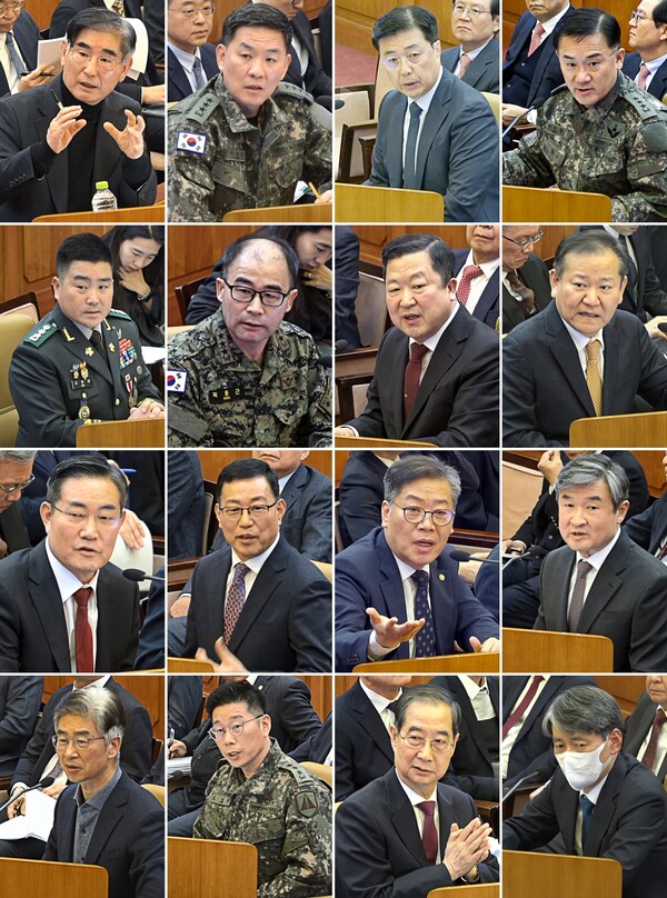 윤석열 대통령의 정치적 운명을 가를 헌법재판소 탄핵심판 변론이 25일 마무리됐다. 지난해 12월 14일 윤 대통령에 대한 탄핵소추 의결서가 국회를 통과해 헌재에 접수된 뒤 73일만에, 횟수로는 11차례 변론이 진행됐다. 지난달 23일 김용현 전 국방부 장관을 시작으로 지금까지 16명의 증인을 불러 17차례 증언을 들었다.첫 줄 왼쪽부터 김용현 전 국방부 장관, 이진우 전 육군 수도방위사령관, 홍장원 전 국가정보원 1차장, 여인형 전 국군방첩사령관.둘째 줄 왼쪽부터 김현태 특전사 707특수임무단장, 곽종근 전 육군 특수전사령관, 박춘섭 대통령실 경제수석, 이상민 전 행정안전부 장관.셋째 줄 왼쪽부터 신원식 국가안보실장, 백종욱 전 국가정보원 3차장, 김용빈 중앙선거관리위원회 사무총장, 조태용 국정원장.넷째 줄 왼쪽부터 김봉식 전 서울경찰청장, 조성현 수도방위사령부 제1경비단장, 한덕수 국무총리, 조지호 경찰청장. 2025.2.25 [연합뉴스 자료·헌법재판소 제공]