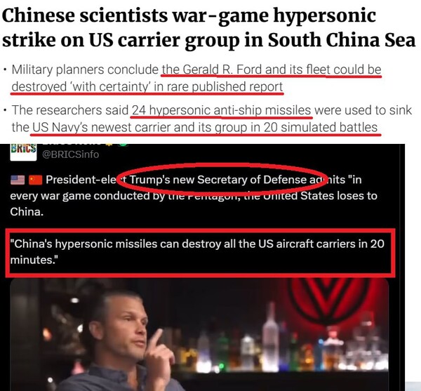 사진 2. 위쪽. 2023년 5월 23일. 사우스차이나모닝포스트 기사. ‘중국 군사과학자들이 시행한 모의 전쟁게임에서 24개의 초음속 미사일로 미 항모전단 침몰’. 아래쪽. 2024년 11월 7일, “국방부가 행한 중국과의 모의 전쟁게임에서 미군은 매번 졌다”고 발언하는 P. 헤그세스 국방장관 지명자(브릭스 뉴스가 X에 실은 유튜브 채널 화면)