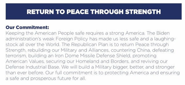 도널드 트럼프 대통령의 대선 공약을 담은 '2024 공화당 정강' 중 '힘을 통한 평화'의 요지문. 미국 본토 방위를 국방의 중심으로 규정하고 있다. 