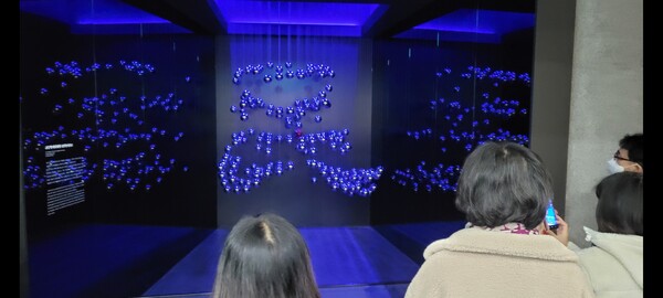 상설전시관 1관 입구에 전시된 키네틱 아트. 3.1운동에 참여한 백성을 뜻하는 구슬 하나 하나가 태극에서 王으로 다시 民으로 변하면서 '제국에서 민국으로'의 이행을 나타낸다.  사진 : 황의원 시민기자