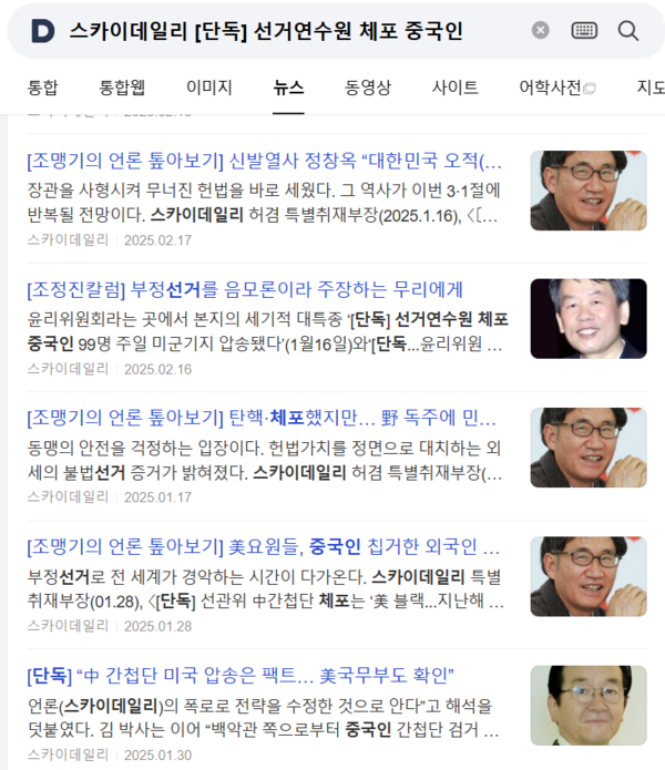 다음 '스카이데일리 선거연수원 체포 중국인' 검색 결과 화면 갈무리. (3월7일 오후 6시 현재)