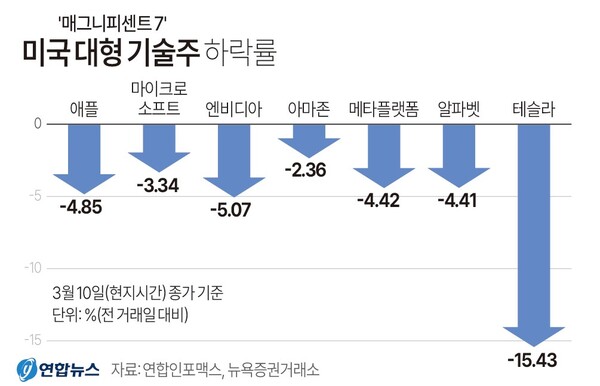 미국 대형 기술주 10일(현지시간) 주가 하락률