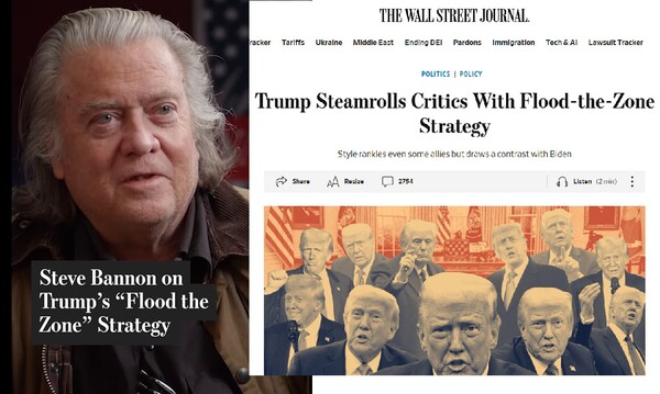 사진 1. (왼쪽) S. 배넌, 트럼프 통치전략 인터뷰(월스트릿저널 2월 6일). (오른쪽) 비판을 무력화하는 트럼프의 정보홍수 전략 제목의 기사(같은 신문 2월 16일)