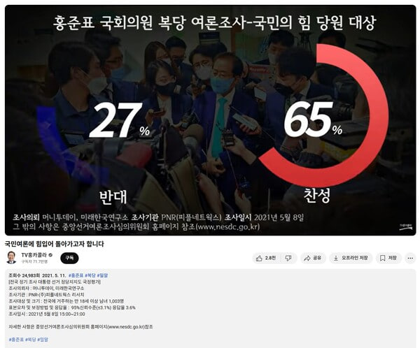 2021년 5월 11일자 홍카콜라 유튜브 채널 영상 갈무리. 미래한국연구소 의뢰 여론조사를 띄우며 복당을 강조하고 있다. 2025.3.4. 유튜브 갈무리