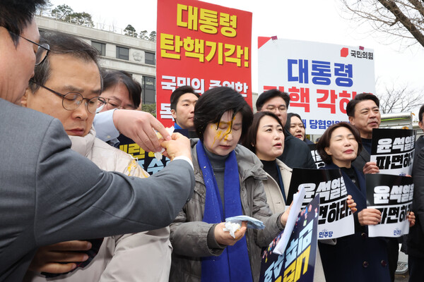 더불어민주당 백혜련 의원이 20일 서울 종로구 헌법재판소 앞에서 열린 민주당 원내부대표단의 윤석열 대통령 신속 파면 촉구 기자회견 도중 얼굴에 계란을 맞아 닦아내고 있다. 2025.3.20 연합뉴스