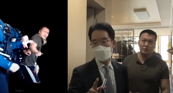 압수수색을 나온 경찰이 허재현 기자를 제지하고 검사(오른쪽 사진 양복 입은 남성)는 압수수색을 강행했다.