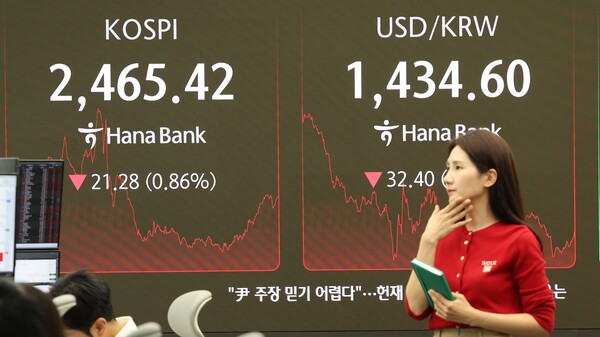 4일 서울 중구 하나은행 딜링룸에서 한 딜러가 자료를 살피고 있다. 이날 코스피는 전장보다 21.28포인트(0.86%) 내린 2,465.42에 장을 마감했다. 원/달러 환율은 32.9원 내린 1,434.1원. 2025.4.4. 연합뉴스
