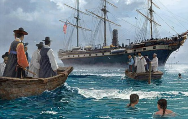 1866년 제너럴 셔먼호 사건을 담은 기록화. 개신교계에서는 이때 순교한 토머스 목사의 피가 헛되지 않아 신앙의 씨앗이 뿌려졌다고 설명하고 있다.