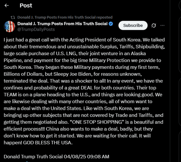 8일 한덕수 대통령 권한대행 국무총리와 통화한 뒤 도널드 트럼프 미국 대통령이 자신의 X 계정에 올린 글. 2025.4.8. [트루스 소셜] 시민언론 민들레 