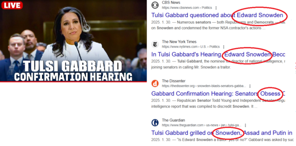 개버드는 트럼프 각료로 발탁된 인물 중 각별한 주목을 받았다. 본래 민주당 하원의원(하와이주, 사진 왼쪽)이었으나, 당과 정부 대외정책의 이중성과 거짓에 문제를 제기하면서 트럼프 지지로 돌아섰다. 기존의 정치인 누구도 꺼리는 딥스테이트—미국 외교·안보 마피아의 다른 이름—에 대한 비판이었다.