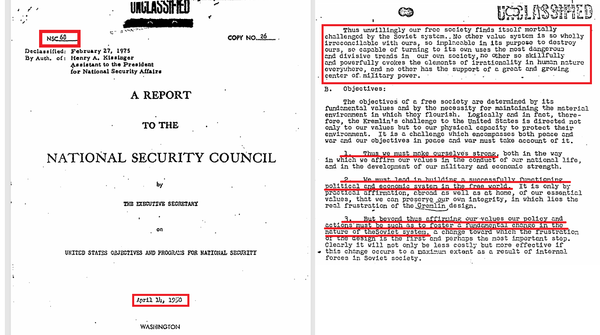 총 69쪽 길이의 보고서는, 당시의 지정학적 상황을 분석하고, 전후 세계질서에 관한 미국의 판단과 대응방안 등을 담고 있다. NSC는 2차 대전 이후 미국과 소련을 축으로 하는 양극체제가 만들어졌고, 소련은 자신의 절대적 권위체제를 세계 각국에 강요하면서 갈등을 확산·증폭시키는 중이라고 분석했다. 그리고 이러한 소련에 맞서, 1. 경제력과 군사력을 강화, 자유 세계를 수호하고, 2. 그에 걸맞은 정치경제 체제를 구축하며, 3. 소련 내부의 변화를 끌어낼 정책을 수립·실천할 것을 강조했다. 요약하면, 내부 정치공작까지를 포함한 대소련 강경 대결책이다. 트루먼 민주당 정부가 그린 우리에게도 익숙한 냉전체제의 밑그림이다.