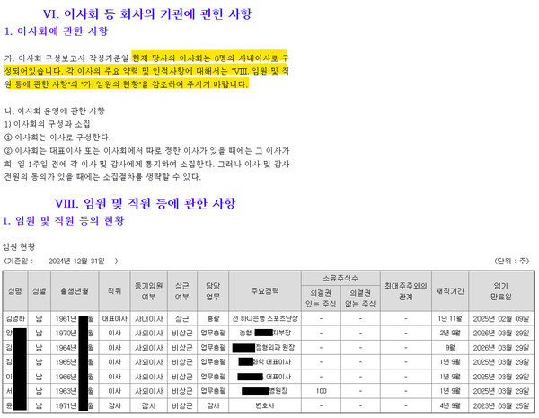 2024년도 주식회사 성남시민프로축구단(성남FC) 사업보고서 내 이사회에 관한 사항과 임원 현황. 2025.4.18. 전자공시시스템 갈무리