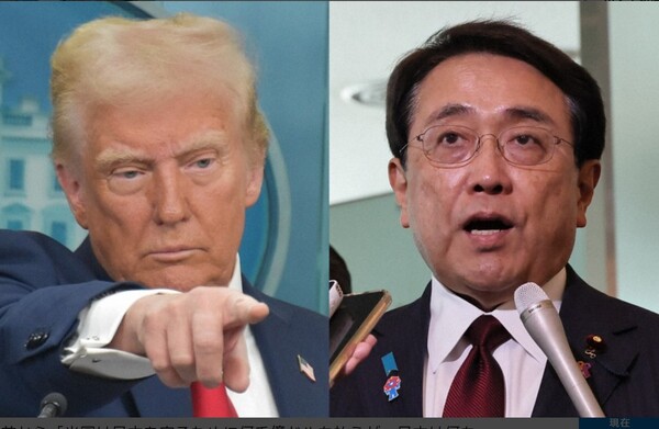 지난 16일 워싱턴 백악관에서 관세협상을 벌인 도널드 트럼프 미국 대통령과 아카자와 료세이 일본 경제재생상.     마이니치신문  4월 18일