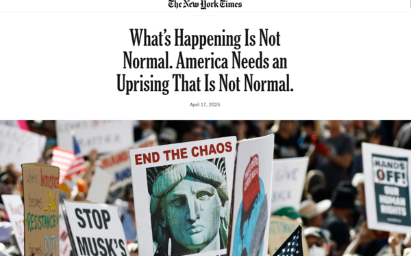 데이비드 브룩스 칼럼니스트는 17일 뉴욕타임스 칼럼에서 트럼프 반대 '시민 봉기'를 주창했다. 2025. 04. 17 [뉴욕타임스 캡처]