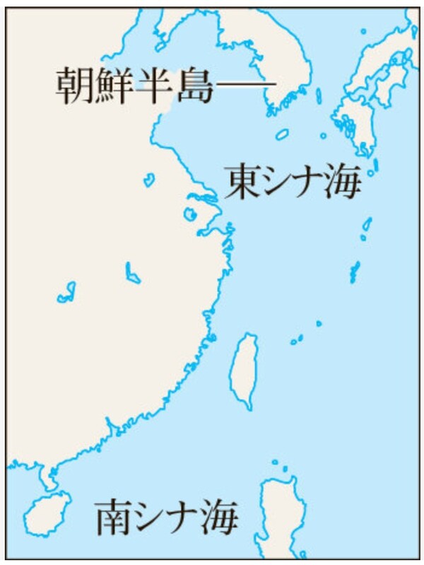 일본 방위상이 제안한 '원 시어터' 구상에서 하나의 전역으로 묶인 한반도와 동남중국해.  아사히신문 4월 15일