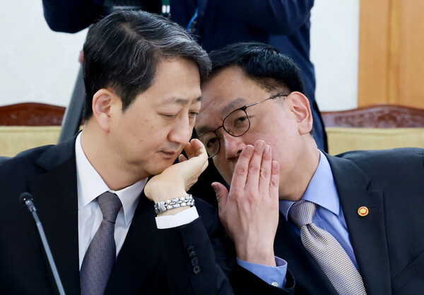 최상목 경제부총리 겸 기획재정부 장관(오른쪽)과 안덕근 산업통상자원부 장관이 21일 정부서울청사에서 열린 경제안보전략 태스크포스(TF) 회의에 참석해 대화하고 있다. 2025.4.21. 연합뉴스