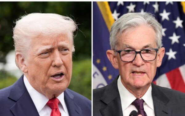 도널드 트럼프 대통령과 제롬 파월 미 FRB 의장.  일본경제신문 4월 22일