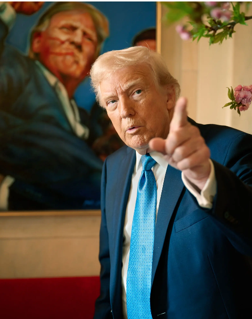 도널드 트럼프 미국 대통령이 22일 백악관에서 작년 7월 펜실베이니아주 버틀러에서 자행된 암살 미수 사건 직후의 자신을 묘사한 그림 앞에 서 있다. 2025. 04. 22 [출처. 타임]