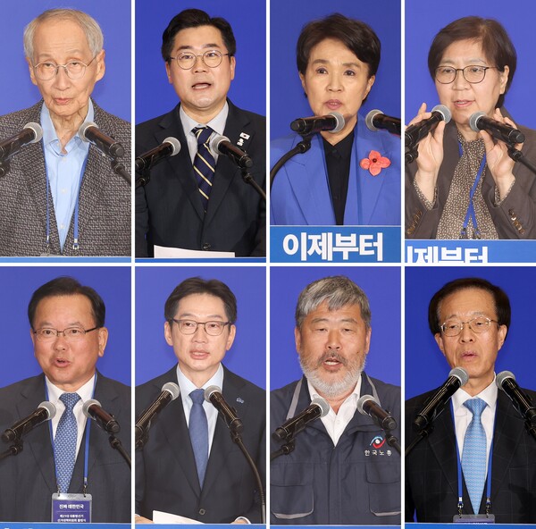 더불어민주당이 30일 비명계부터 보수까지 다양한 인사들이 참여한 선거대책위원회를 띄우고 선거 체제로 본격 돌입했다. 상임 총괄선대위원장을 맡은 윤여준 전 환경부 장관(윗줄 왼쪽부터)과 박찬대 당대표 직무대행 겸 원내대표, 총괄선대위원장을 맡은 강금실 전 법무부 장관, 정은경 전 질병관리청장. 김부겸 전 총리(아랫줄 왼쪽부터), 김경수 전 경남지사, 김동명 한국노총위원장, 후보 직속 국민대통합위원회 위원장 겸 공동선대위원장을 맡은 이석연 전 법제처장이 각오를 밝히고 있다. 2025.4.30. 연합뉴스