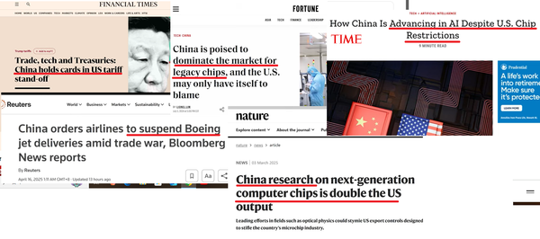 사진 3. 미국이 벌이는 대중국 무역전쟁에 대한 전망과 중국의 기술역량을 언급하는 서방 주요 매체의 기사들