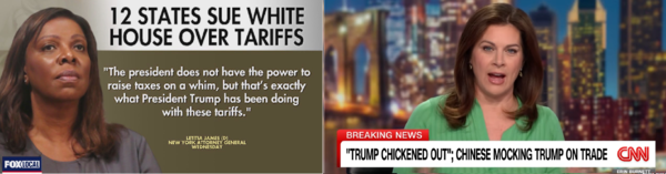 사진 6. 왼쪽 12개 주, 관세 관련 트럼프 상대 소송 제기(Fox 뉴스, 4월 23일). 오른쪽 중국인들, 관세 꼬리 내린 트럼프 조롱(CNN, 4월 24일).